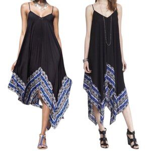 Express Handkerchief Slip Swing Midi Dress Black Blue Trim Boho Beachy Size XS